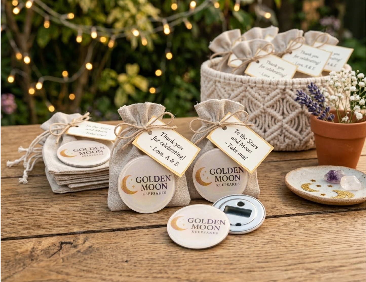 "Golden Moon Keepsakes" bottle opener wedding favor mockup on a rustic table with personalized tags, burlap bags, and a macramé basket under warm garden lights. One opener shows its magnetic back.