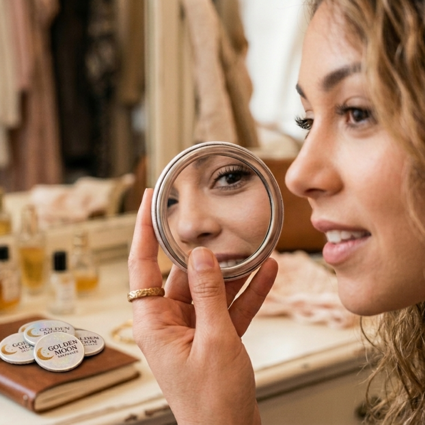Woman looking into a compact mirror in a store setting with products and clothing in the background.