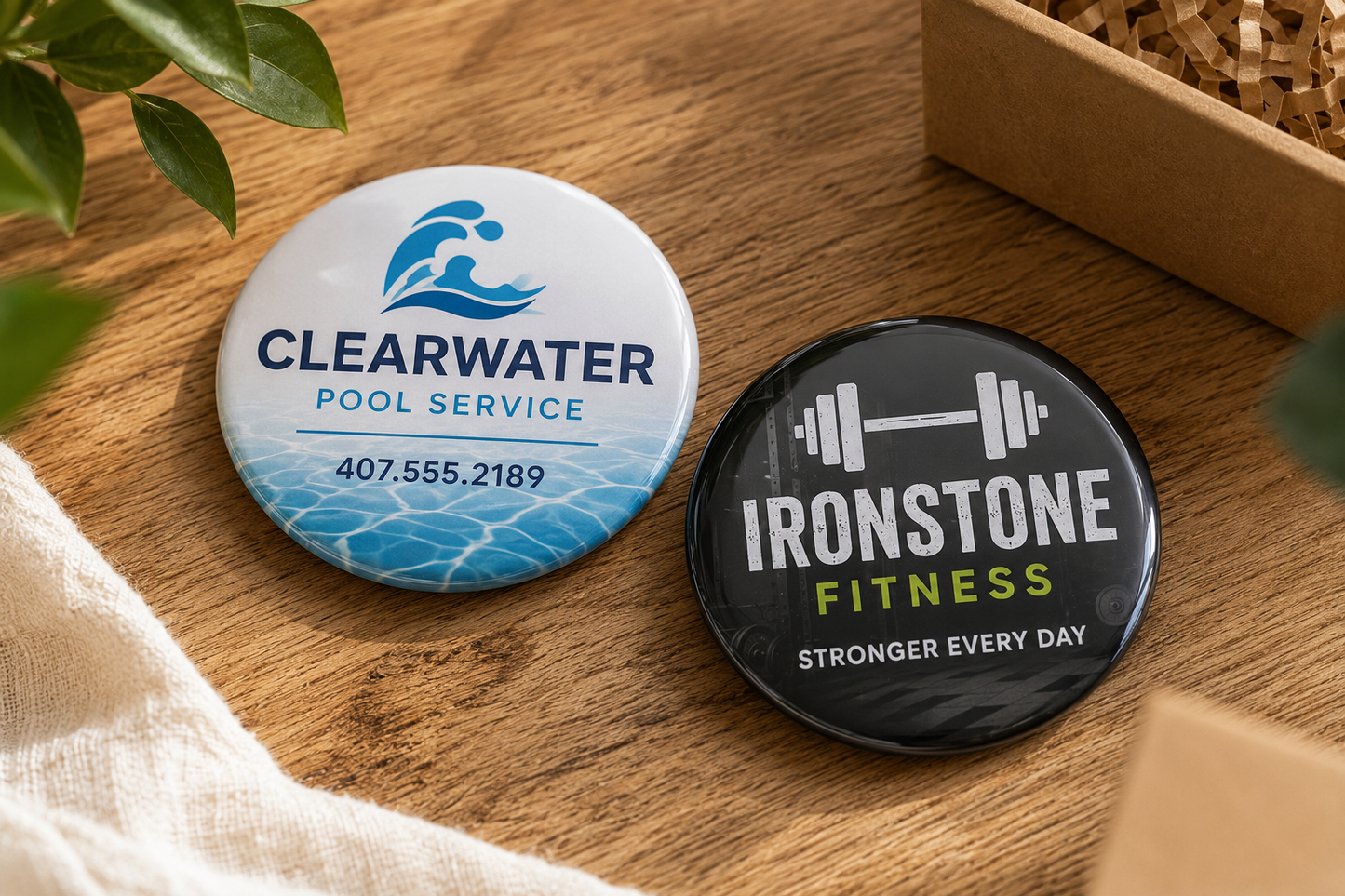 Two round custom pinback buttons displayed on a wooden surface. One button is white with blue water graphics and the text 'CLEARWATER POOL SERVICE'.