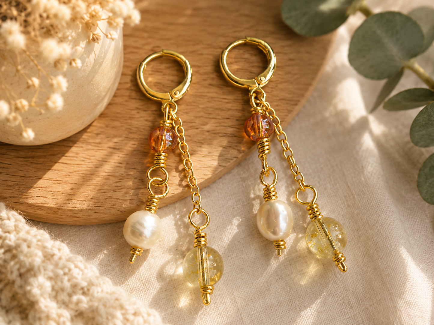 Golden Citrine & Freshwater Pearl Dangle Earrings
