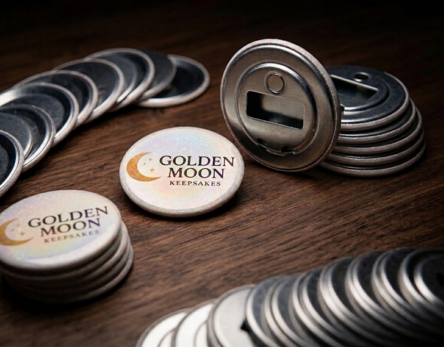 A product mockup of round bottle openers on a dark wood surface. One opener displays a holographic logo for "Golden Moon Keepsakes," while another stands upright to show the metal opener and magnet on the back. Stacks of unbranded metal bases and completed logo openers are arranged around them under dramatic, directional studio lighting.