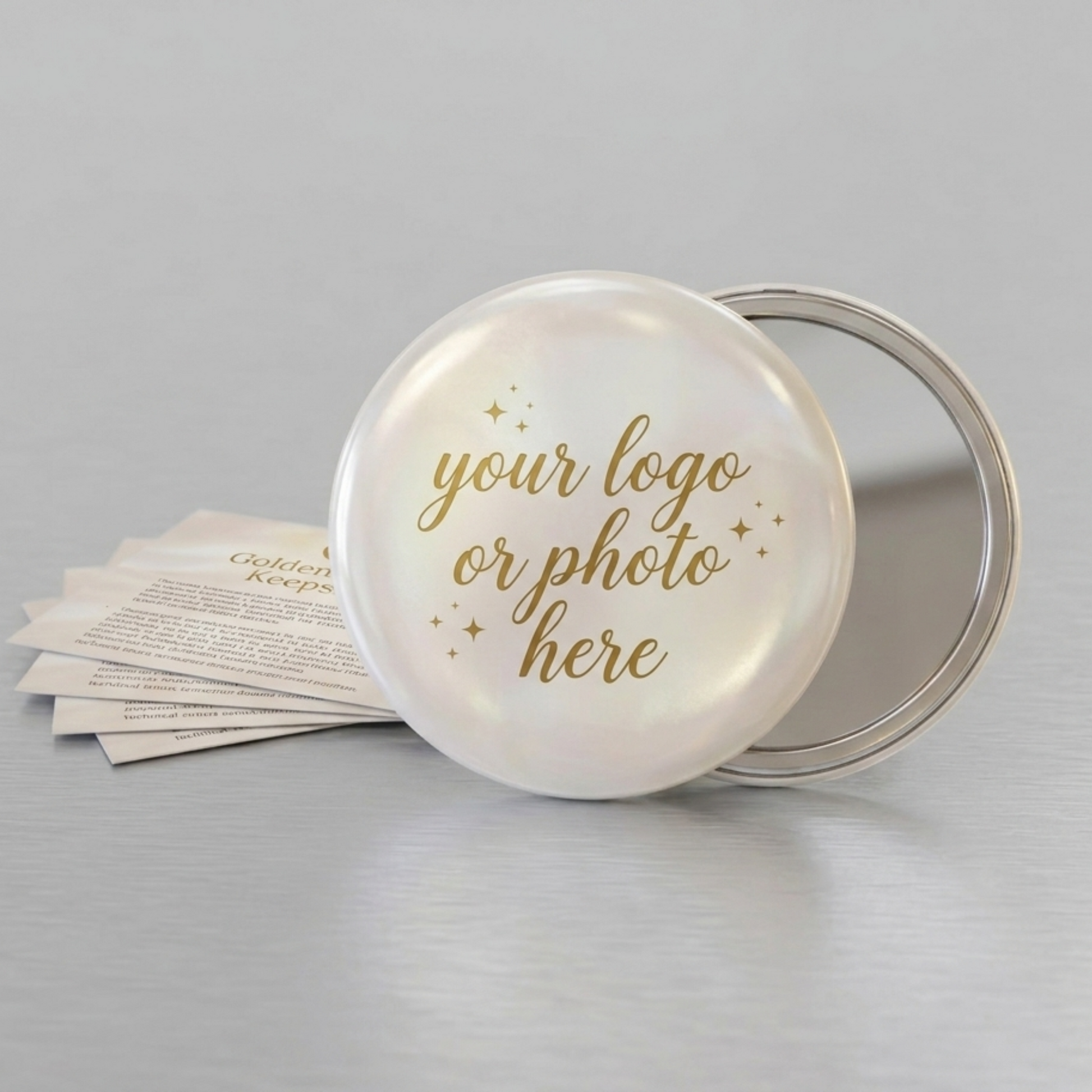 Round white container with gold text on a gray background