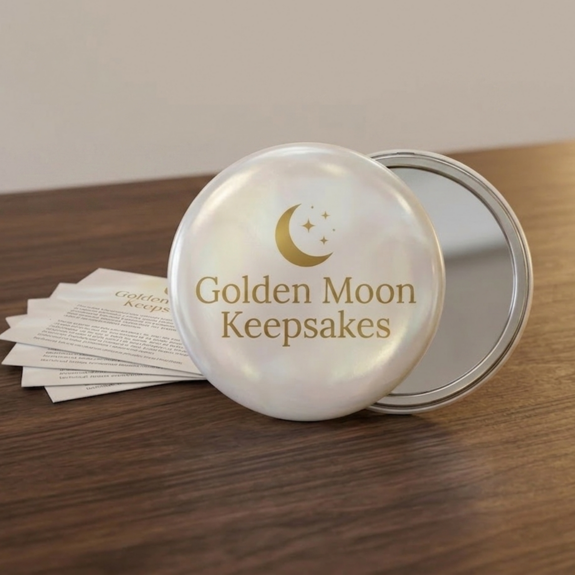 Round mirror with 'Golden Moon Keepsakes' branding on a wooden surface