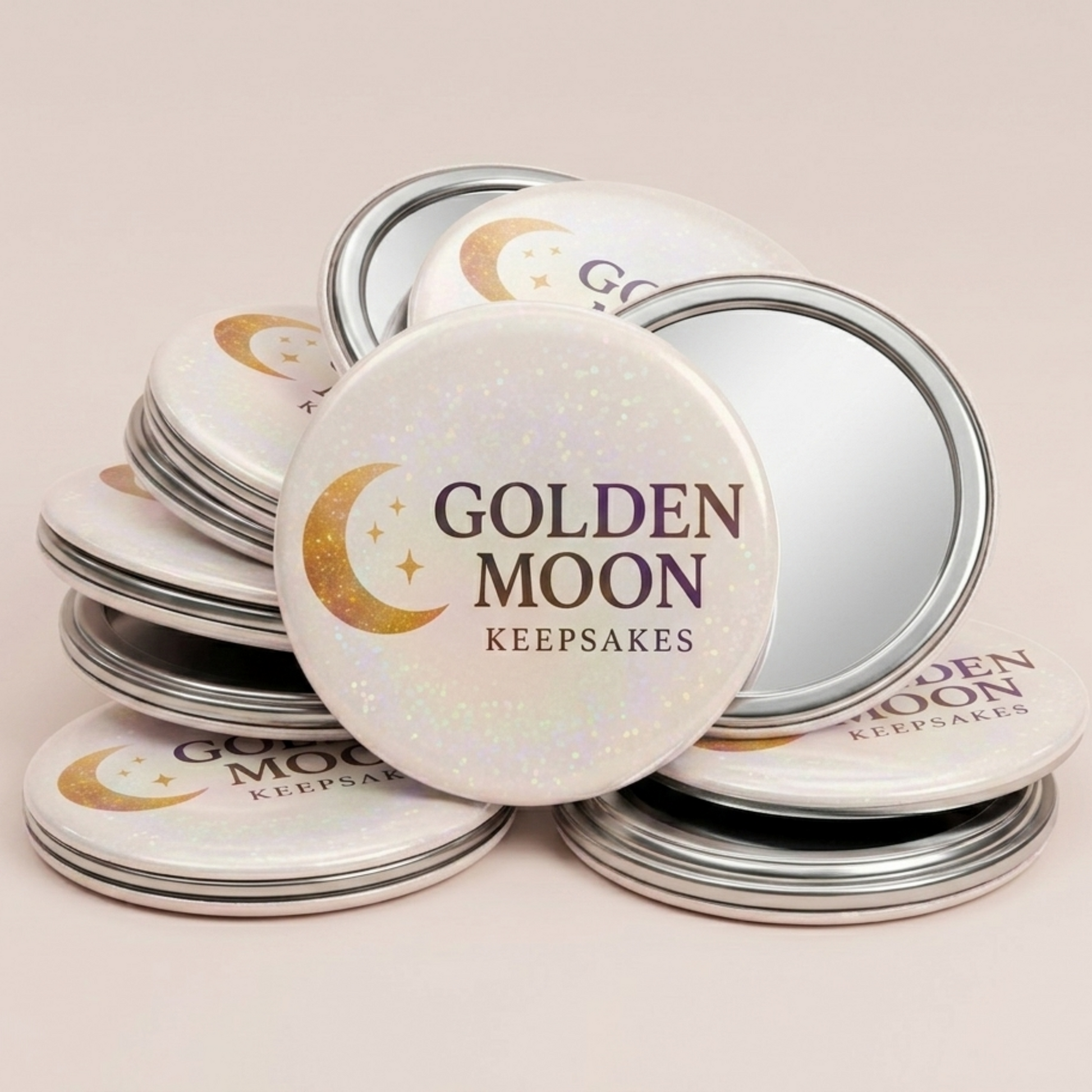 Collection of 'Golden Moon Keepsakes' containers on a beige background