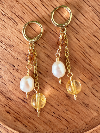 Golden Citrine & Freshwater Pearl Dangle Earrings