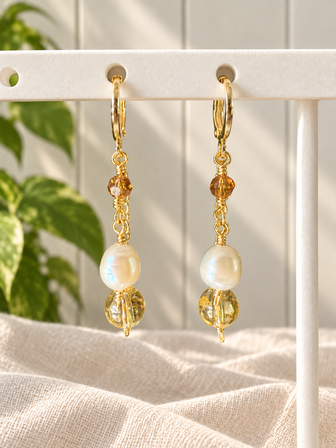Golden Citrine & Freshwater Pearl Dangle Earrings
