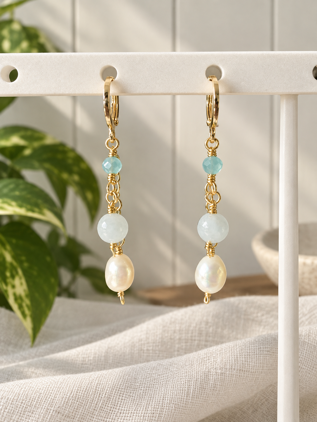 Aquamarine & Freshwater Pearl Dangle Earrings
