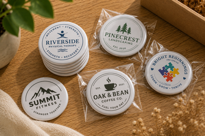 Six round white custom printed coasters or badges with black and colored logos, some stacked and some individually wrapped in clear plastic, arranged on a wooden surface with decorative plants and fabric.