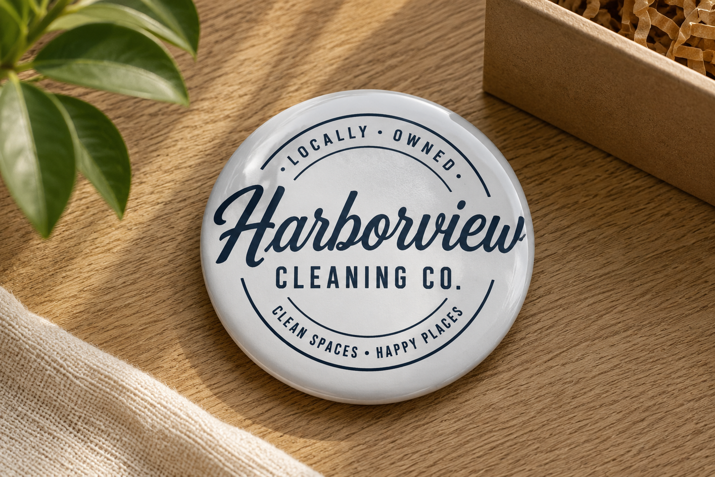A round white button badge with navy blue text reading 'Harborview Cleaning Co.' and smaller text 'Locally Owned' and 'Clean Spaces Happy Places,' placed on a wooden tabletop with a plant leaf and kraft paper box in the background.