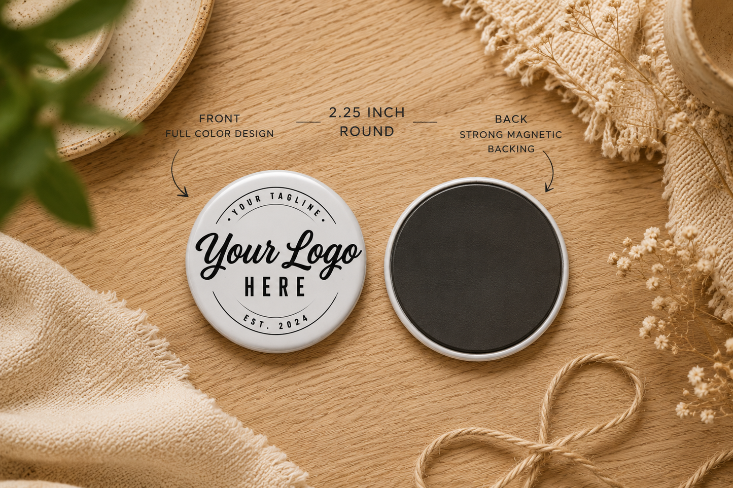 Two round magnetic tin badges shown on a wooden surface with decorative fabric and dried flowers. One badge is white with black placeholder text reading 'Your Logo HERE' and 'Fresh Tabulary Est.