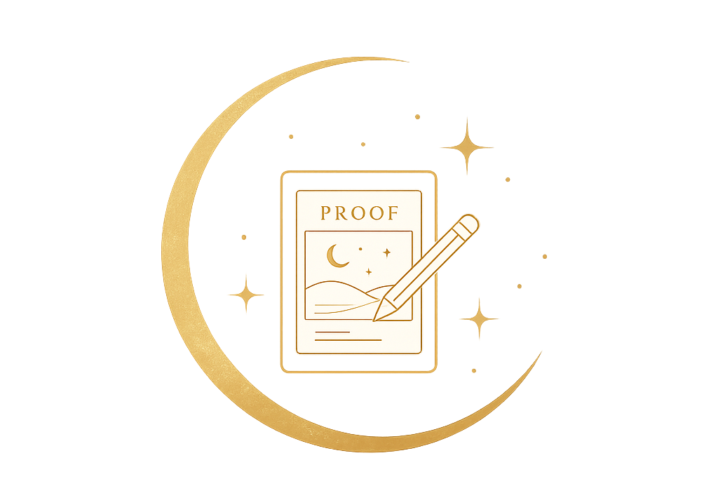 Gold-colored logo for Golden Moon Keepsakes featuring a crescent moon, stars, a document labeled 'PROOF' with a pencil, and the text 'GOLDEN MOON KEEPSAKES' on a white background.