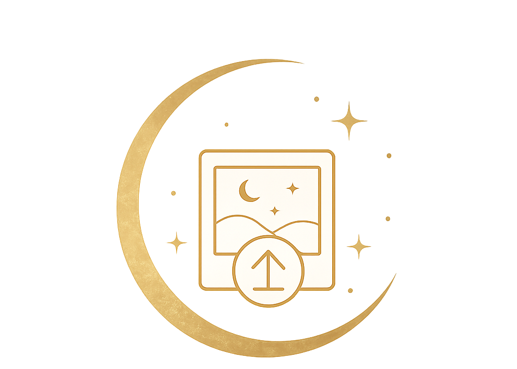 A gold-colored logo design featuring a crescent moon, stars, a tablet with a moon and stars, and an upward arrow, with the text 'GOLDEN MOON KEEPSAKES' below on a white background.