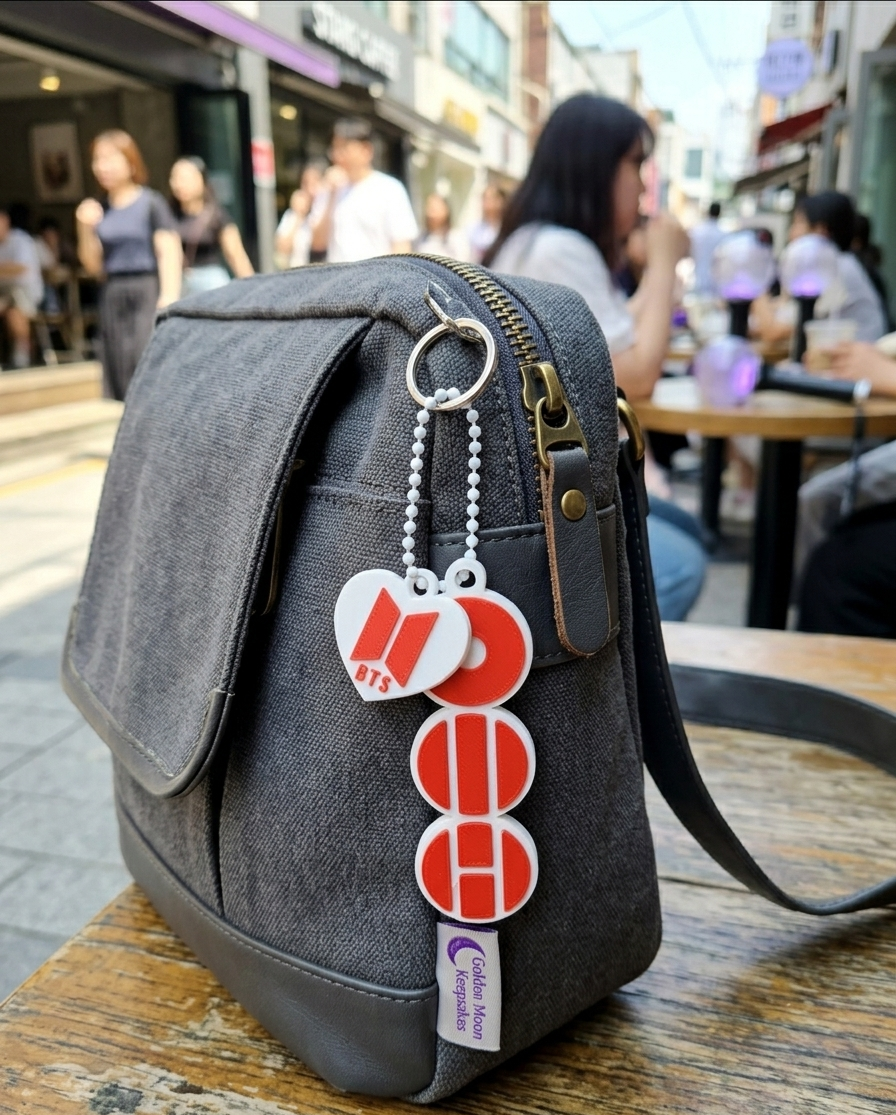 Gray bag with a keychain on a wooden table in an outdoor setting