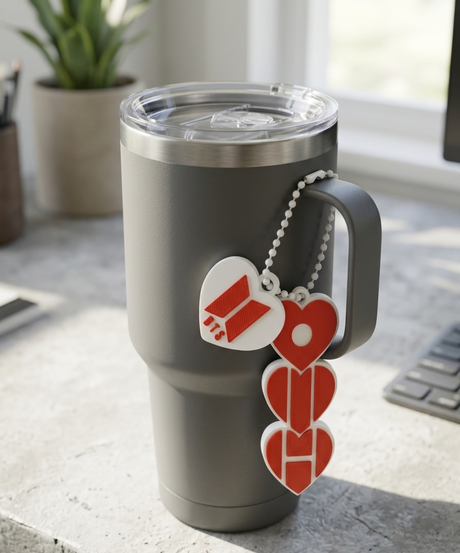 Gray travel mug with heart-shaped keychain on a desk