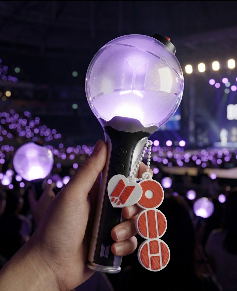 Hand holding a glowing purple handheld device with 'LOVE' keychain at a concert.