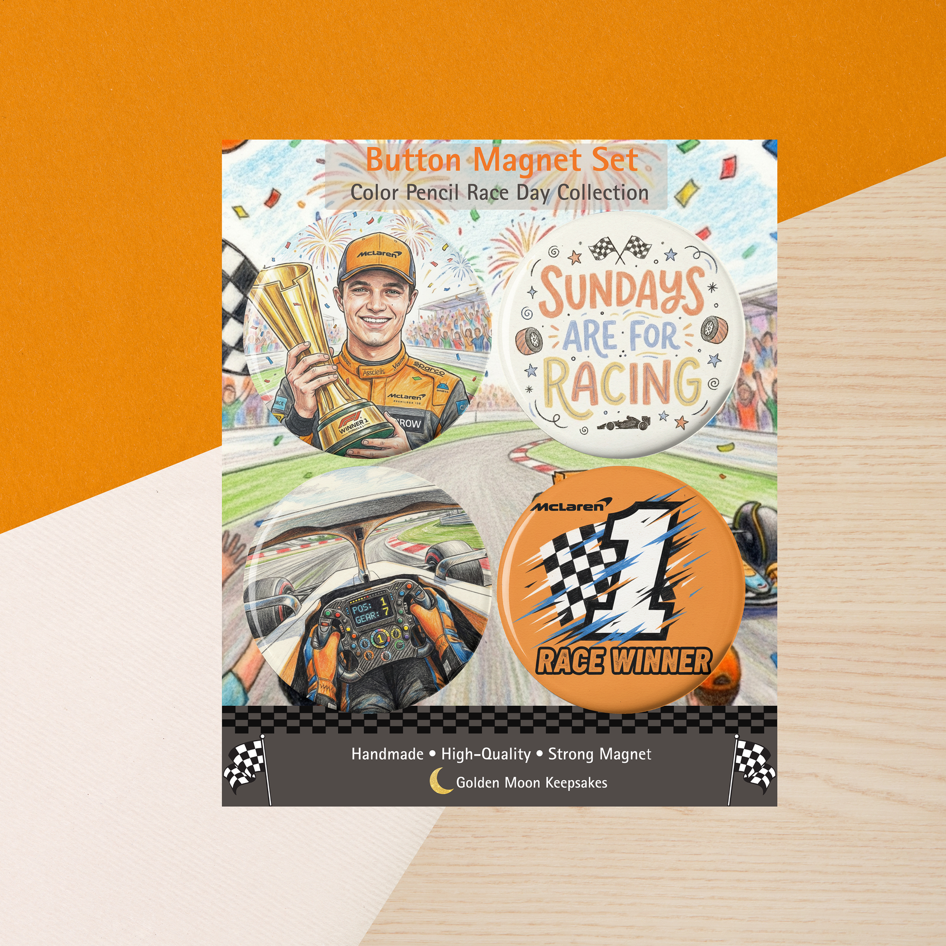 Button magnet set packaging with racing theme on an orange and beige background
