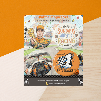 Button magnet set packaging with racing theme on an orange and beige background