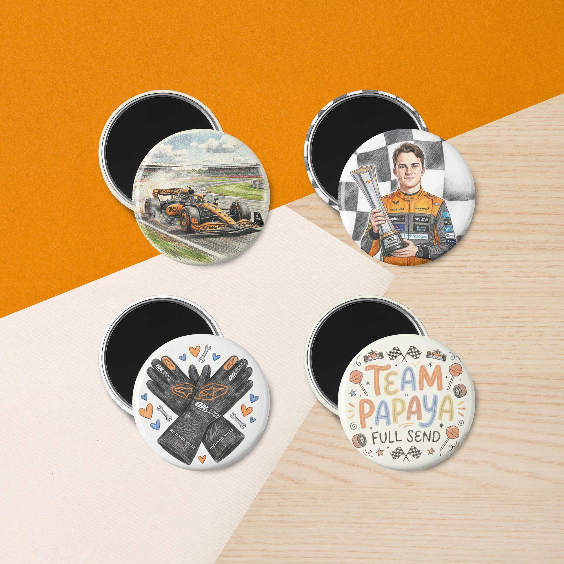 Set of four round magnets with racing-themed designs on a two-tone background