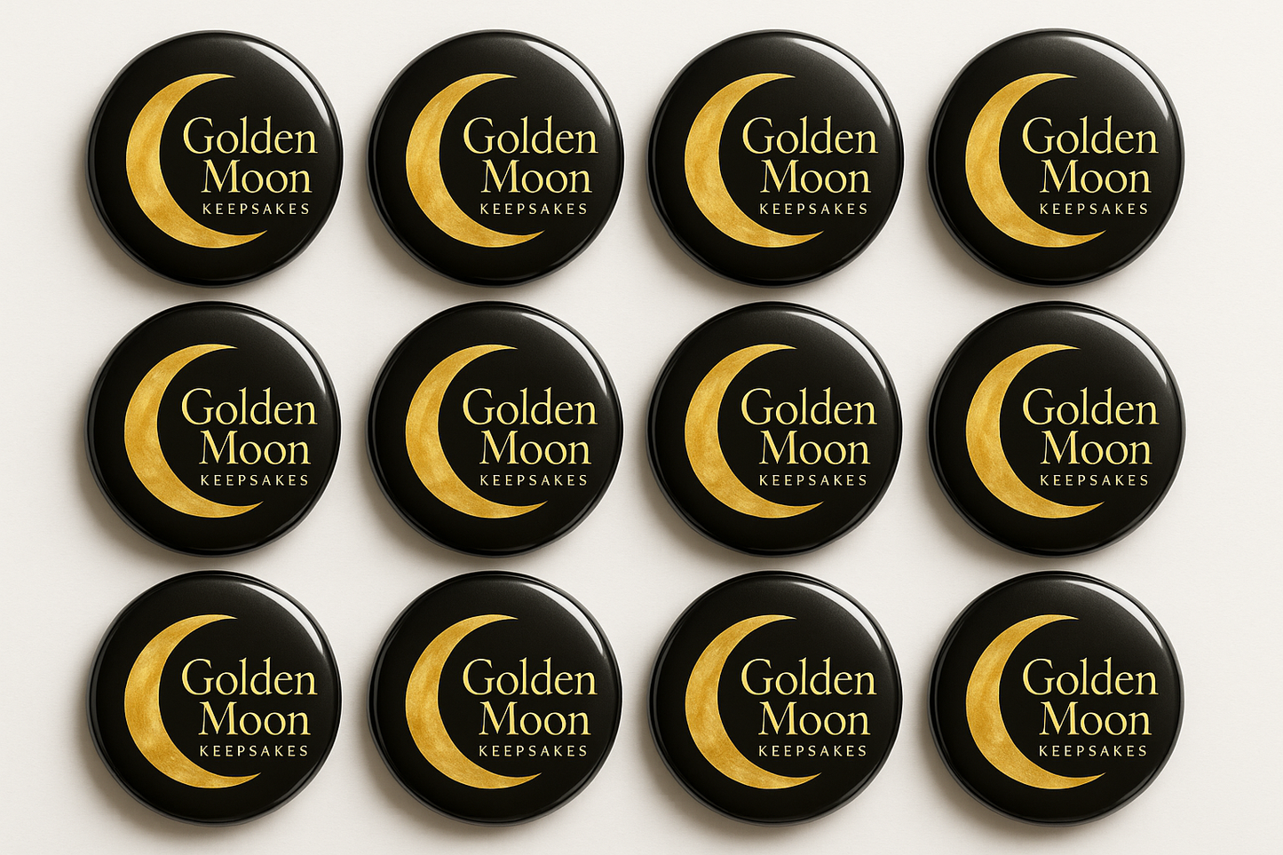 create a bulk product of round 2.25 magnets with golden moon keepsakes as the logo on it