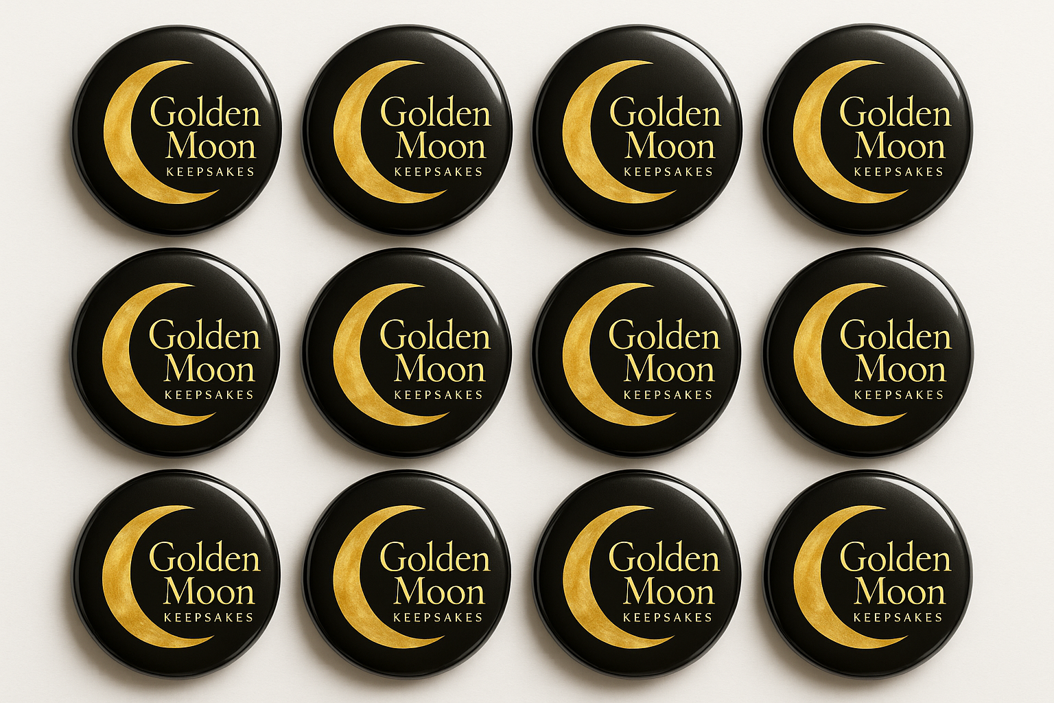 create a bulk product of round 2.25 magnets with golden moon keepsakes as the logo on it