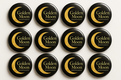 create a bulk product of round 2.25 magnets with golden moon keepsakes as the logo on it