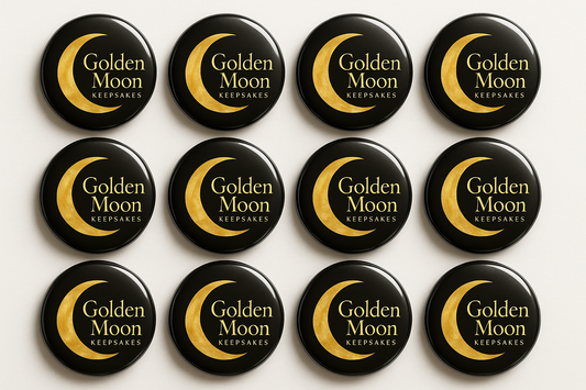 create a bulk product of round 2.25 magnets with golden moon keepsakes as the logo on it